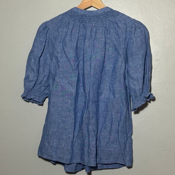 Women's Size 6/S Boden Ada Linen Top Short Puff Sleeve Denim Smocked Button Up - Picture 2 of 6